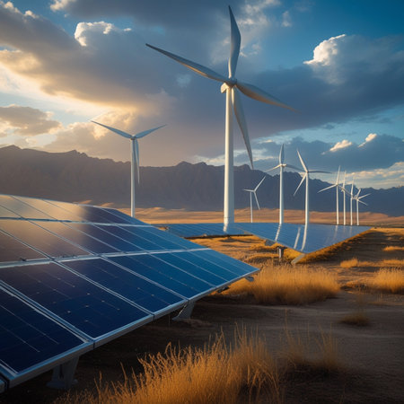 Solar panels and wind turbines in the desert at sunset. 3d renderingの素材