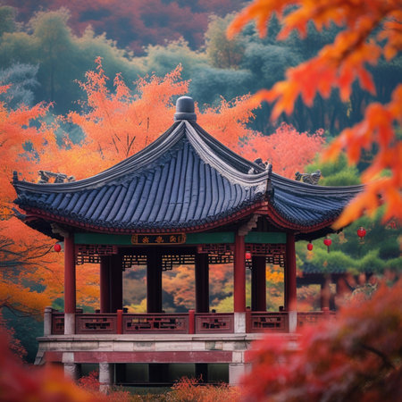 Autumn landscape with red maple leaves and Chinese pavilion.の素材