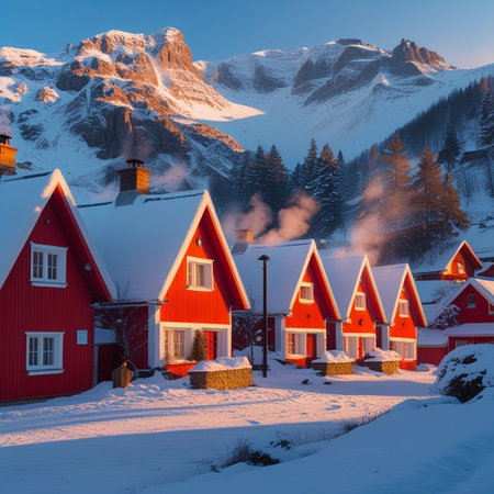 Traditional red wooden houses in Lofoten islands, Norway.の素材