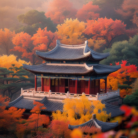 Autumn landscape with traditional Chinese pavilion and colorful forest.の素材