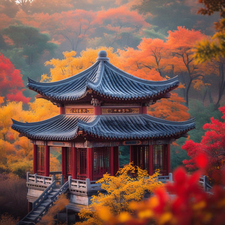 Beautiful chinese pavilion in the autumn forest with colorful foliageの素材