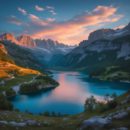 Fantastic sunset over the lake in the Dolomites, Italy.の素材