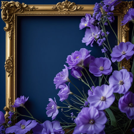 Violet flowers and golden frame on a blue background. Place for text.の素材