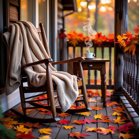 Autumn leaves on the porch of a house with a rocking chairの素材