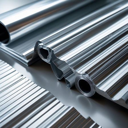 Stainless steel pipes of different diameters on a gray backgroundの素材