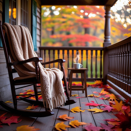 Cozy rocking chair on the porch of a country house with autumn leavesの素材