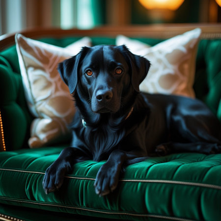 Black dog lying on a green sofa in the room with pillowsの素材