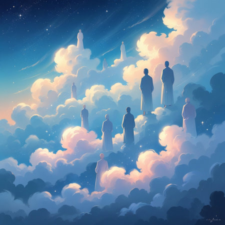 Illustration of a group of people standing in the sky with cloudsの素材