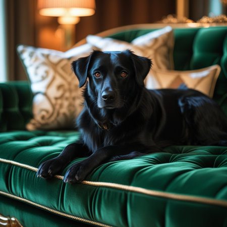 Black Labrador Retriever on a green sofa with pillows.の素材