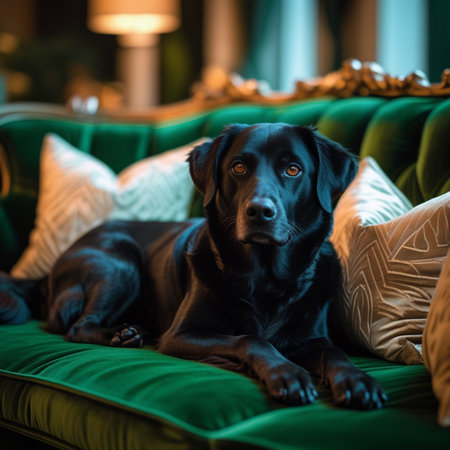 Black Labrador Retriever lying on a green sofa in the roomの素材