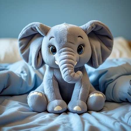 Cute elephant sitting on the bed at home, soft focus backgroundの素材