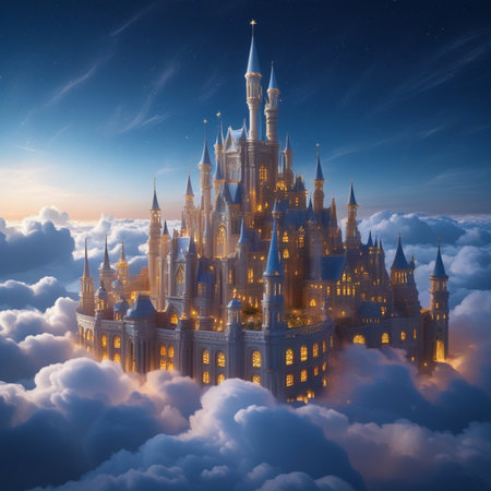 Magic castle in the clouds. Magical fantasy landscape. 3D renderingの素材