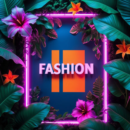Hipster background with neon sign and tropical leaves. Vector illustration.の素材