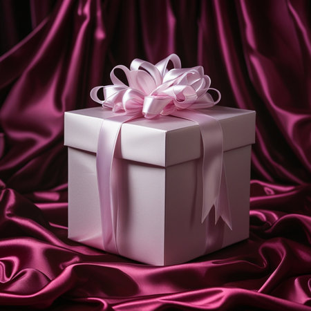 White gift box with pink bow on red satin cloth background.の素材