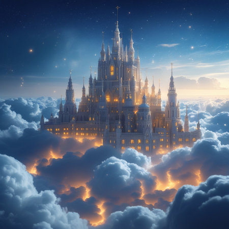 Fantasy castle in the clouds. 3D illustration. Fantasy world.の素材