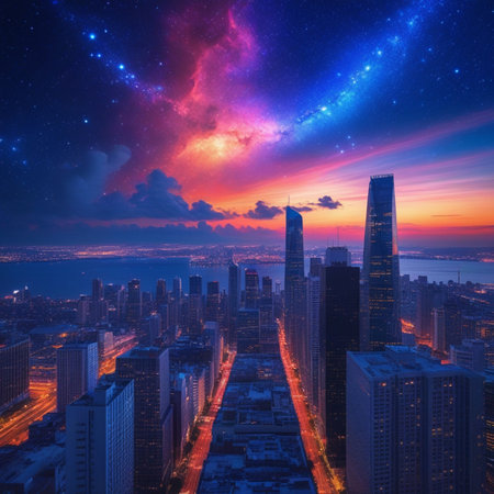 Aerial view of skyscrapers at night, Dubai, United Arab Emiratesの素材