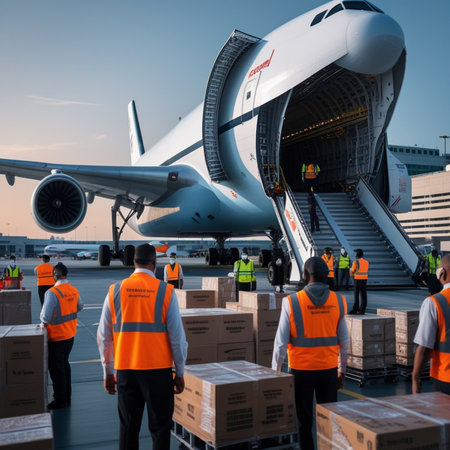 Loading and unloading of commercial cargo from a large commercial airplane.の素材