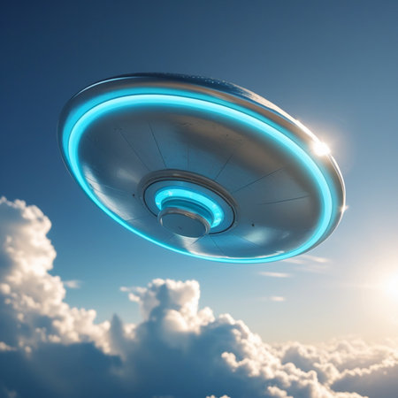 UFO flying in the blue sky. 3d render illustration.の素材