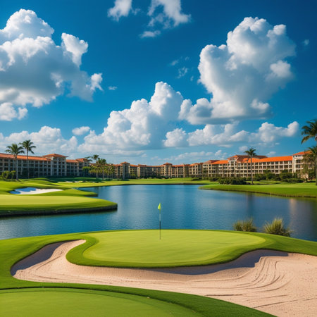 golf course in beautiful tropical resort with green grass and blue skyの素材
