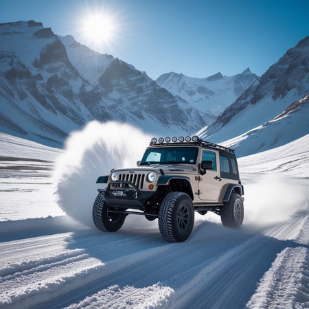 Off-road car on snow in mountains. 3d rendering.の素材