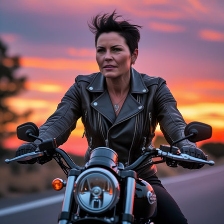 Biker girl in leather jacket on a motorcycle on the road at sunset.の素材