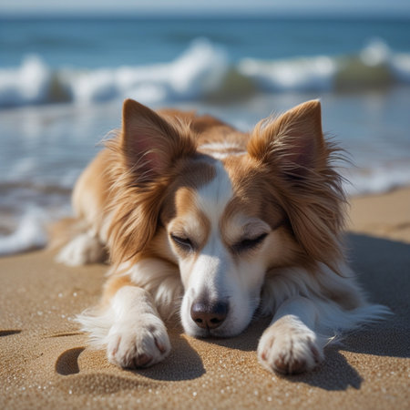 Portrait of red border collie dog lying on the sand at the beachの素材