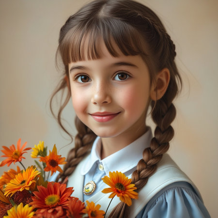 Portrait of a cute little girl with a bouquet of flowersの素材