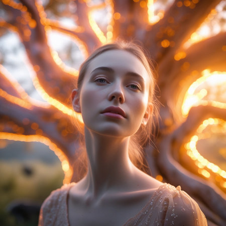 Portrait of a beautiful young girl in a light dress on a background of a tree.の素材