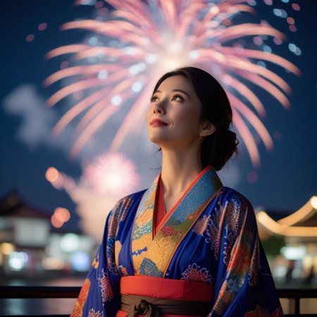 Beautiful asian woman in kimono with fireworks at nightの素材