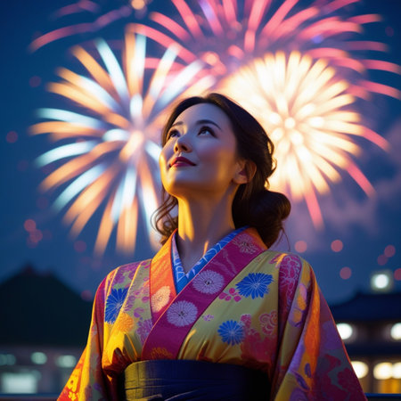 Beautiful asian woman in kimono with fireworks at nightの素材