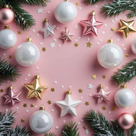 Christmas composition. Christmas decorations on pastel pink background. Flat lay, top view, copy spaceの素材