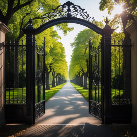 Luxury entrance gate to the park with lush green foliage.の素材
