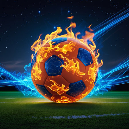 Soccer ball in fire flames on green stadium. 3d illustrationの素材