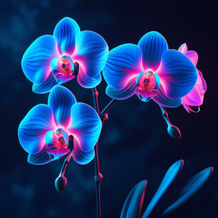 Blue orchid flower on a dark background. 3D illustration.の素材