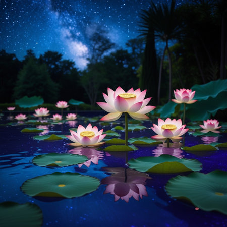 Beautiful lotus flower in pond with starry sky background.の素材