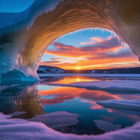 Ice cave on the frozen Baikal lake at sunset, Russiaの素材