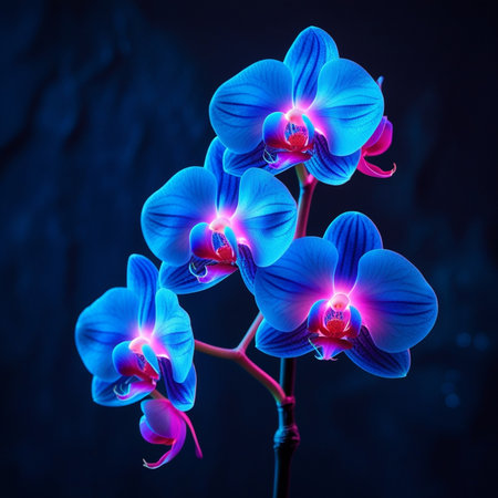 Blue orchids on a dark background. 3d render.の素材