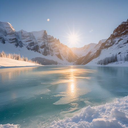 Beautiful winter landscape with snow-capped mountain peaks and lakeの素材