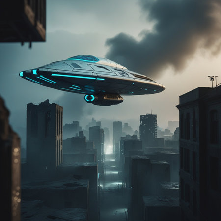 Flying saucer over the city. 3D rendering. Futuristic conceptの素材