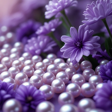 Beautiful flowers and pearls on purple background, close-upの素材