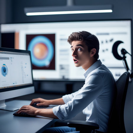 surprised young man looking at computer monitor with charts in officeの素材