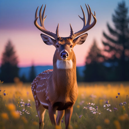 Fallow deer in the meadow at sunset. Colorful natural background.の素材