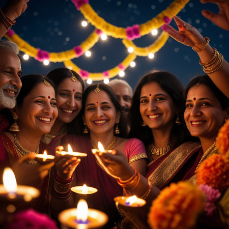 Group of happy Indian people holding diwali diya and lighting candlesの素材