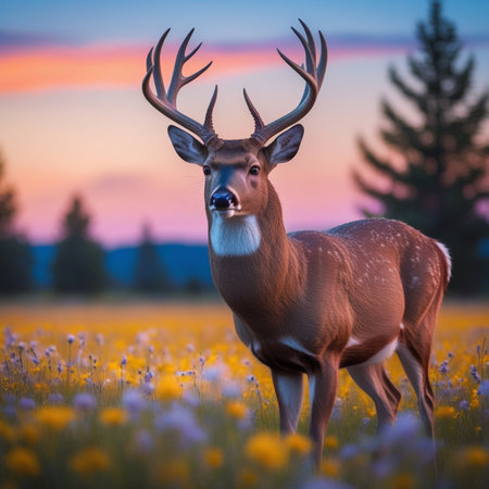 Whitetail Deer Buck in a Field of Wildflowers at Sunsetの素材