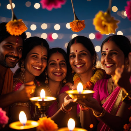 Group of happy Indian friends holding diwali diya and lighting candlesの素材