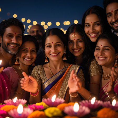Group of happy Indian people with diwali diya at nightの素材