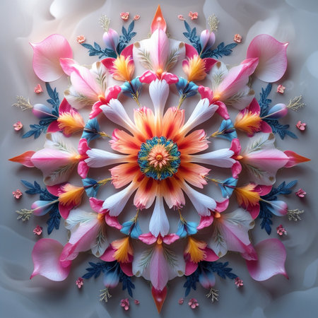 Flower mandala made of petals of different colors on white backgroundの素材