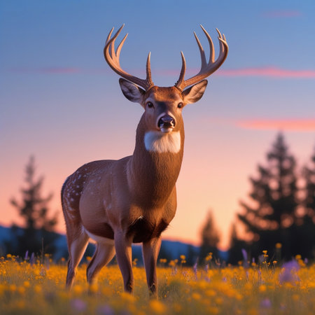 Whitetail deer buck standing in a meadow at sunset.の素材