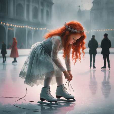 Beautiful young redhead girl with ice skates on ice rinkの素材