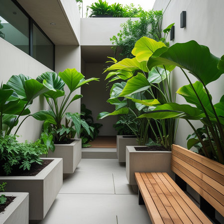 Interior of a terrace in a modern house with green plantsの素材